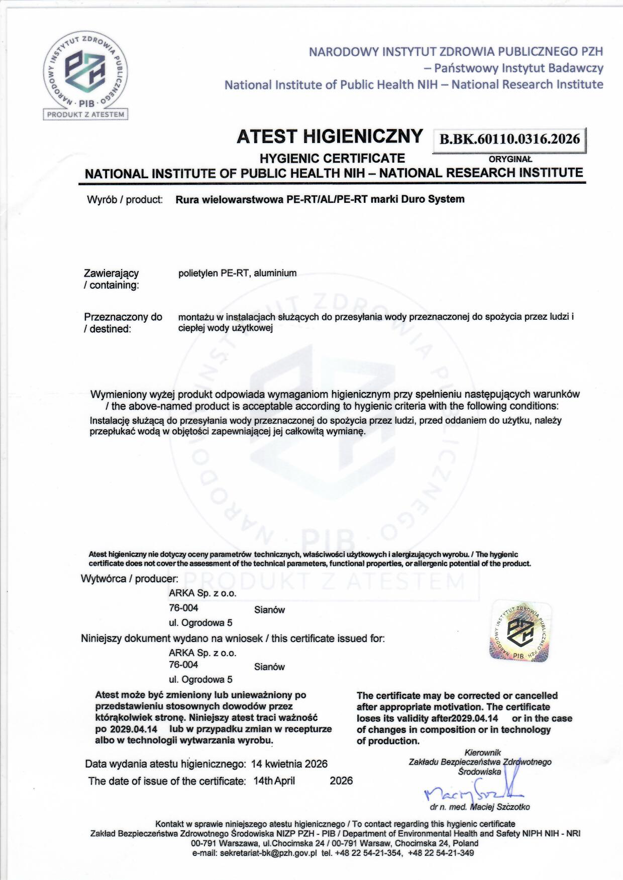 Atest rura PERT-AL-PERT