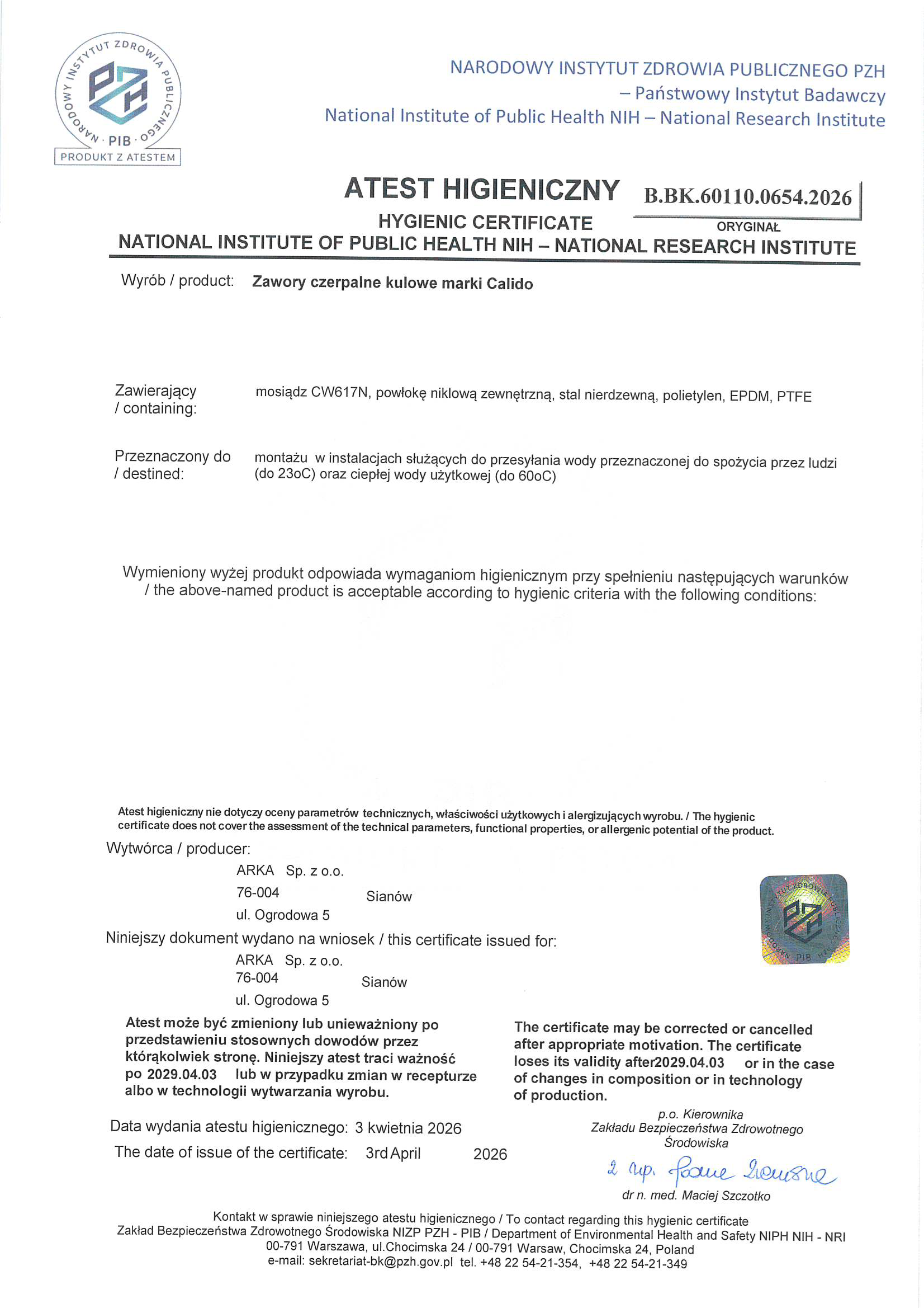 atest higieniczny zawory farmer i ogród