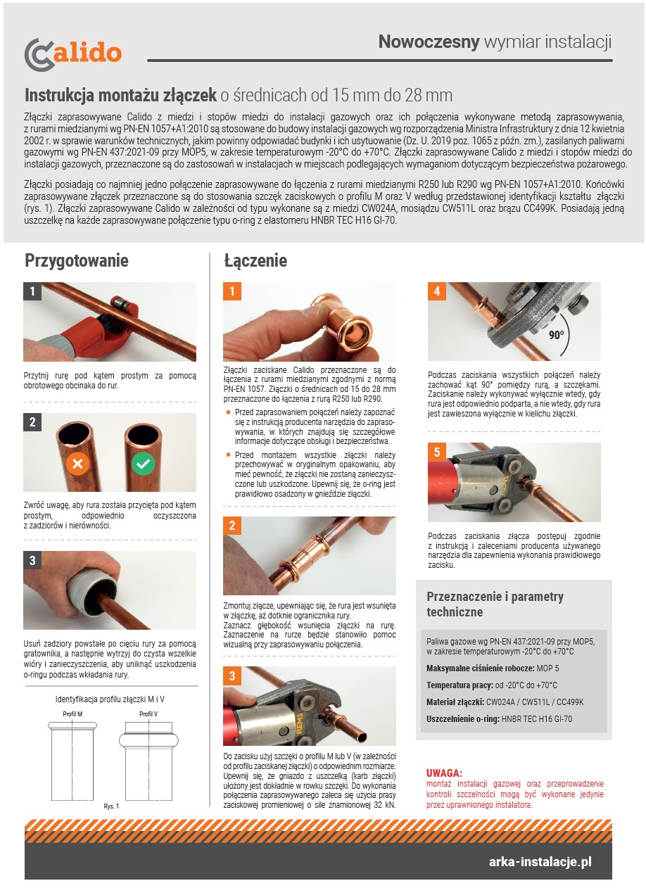 Instrukcja dla złączek miedzianych do gazu - profil M i V