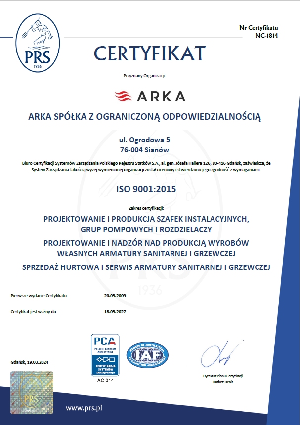 Certyfikat ISO PL arka instalacje