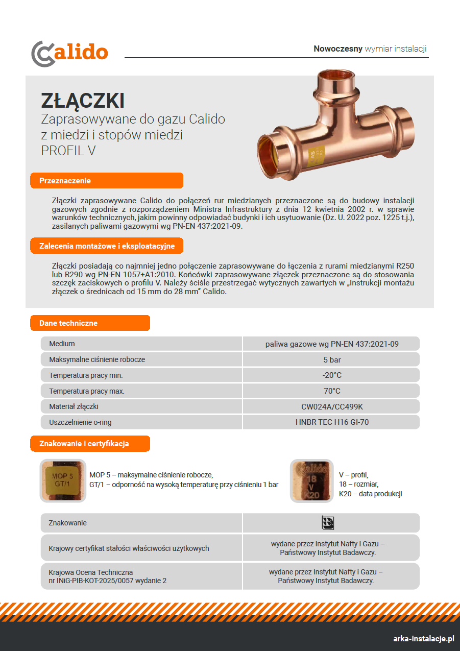 Karta techniczna Złaczki miedziane Calido