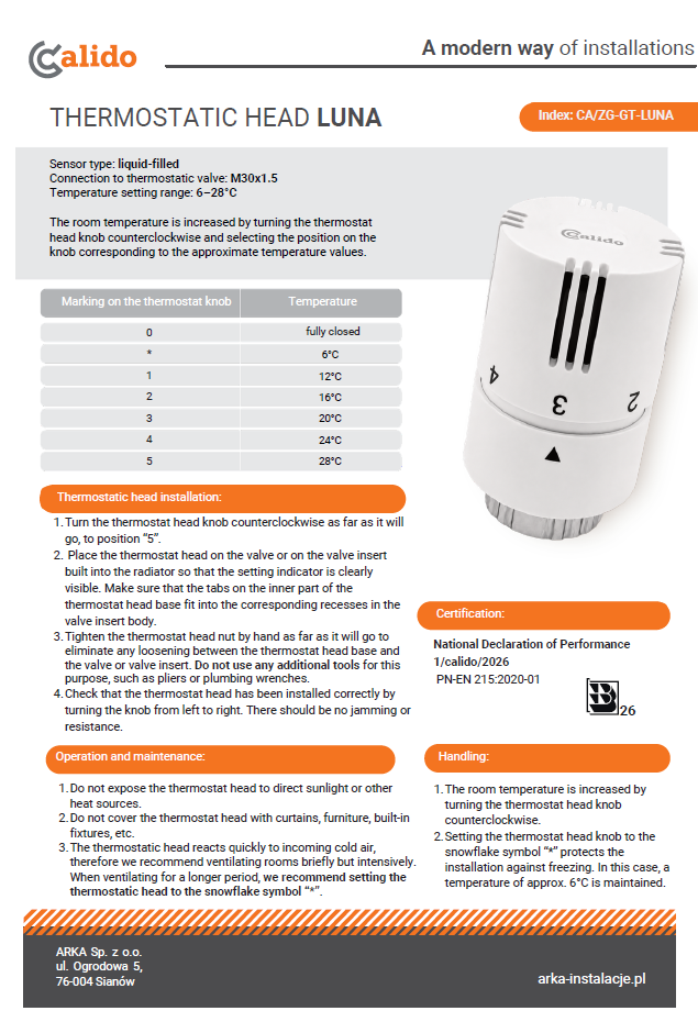 Calido Thermostatic head LUNA leaflet